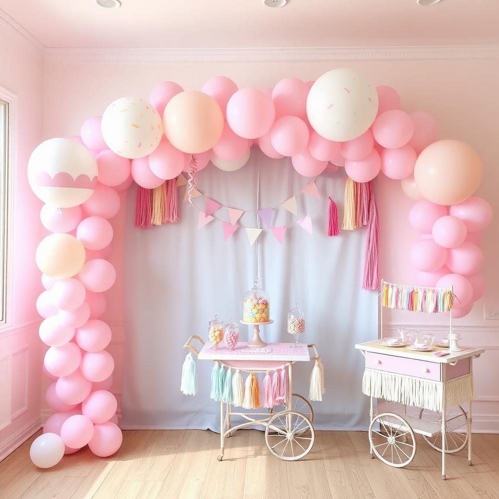 Rincón de cumpleaños con carrito de dulces y arco de globos rosa