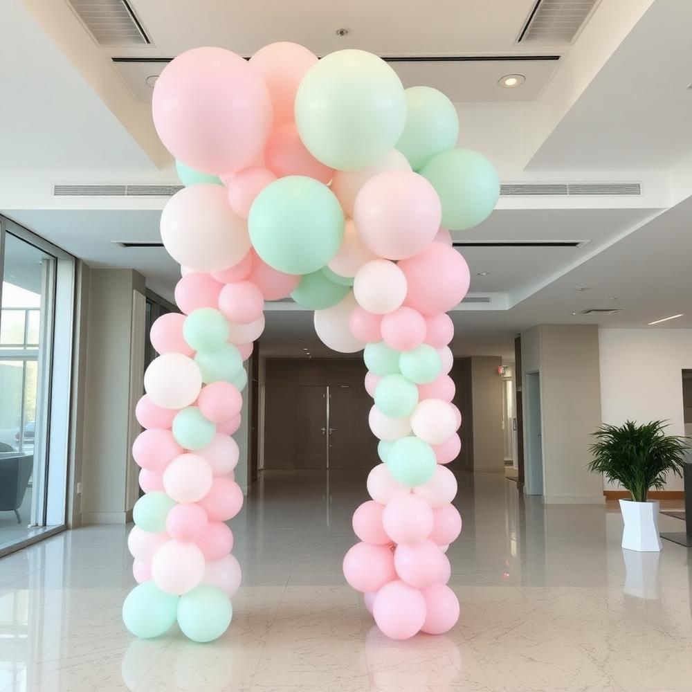 Instalación de globos pastel en el lobby de una oficina moderna